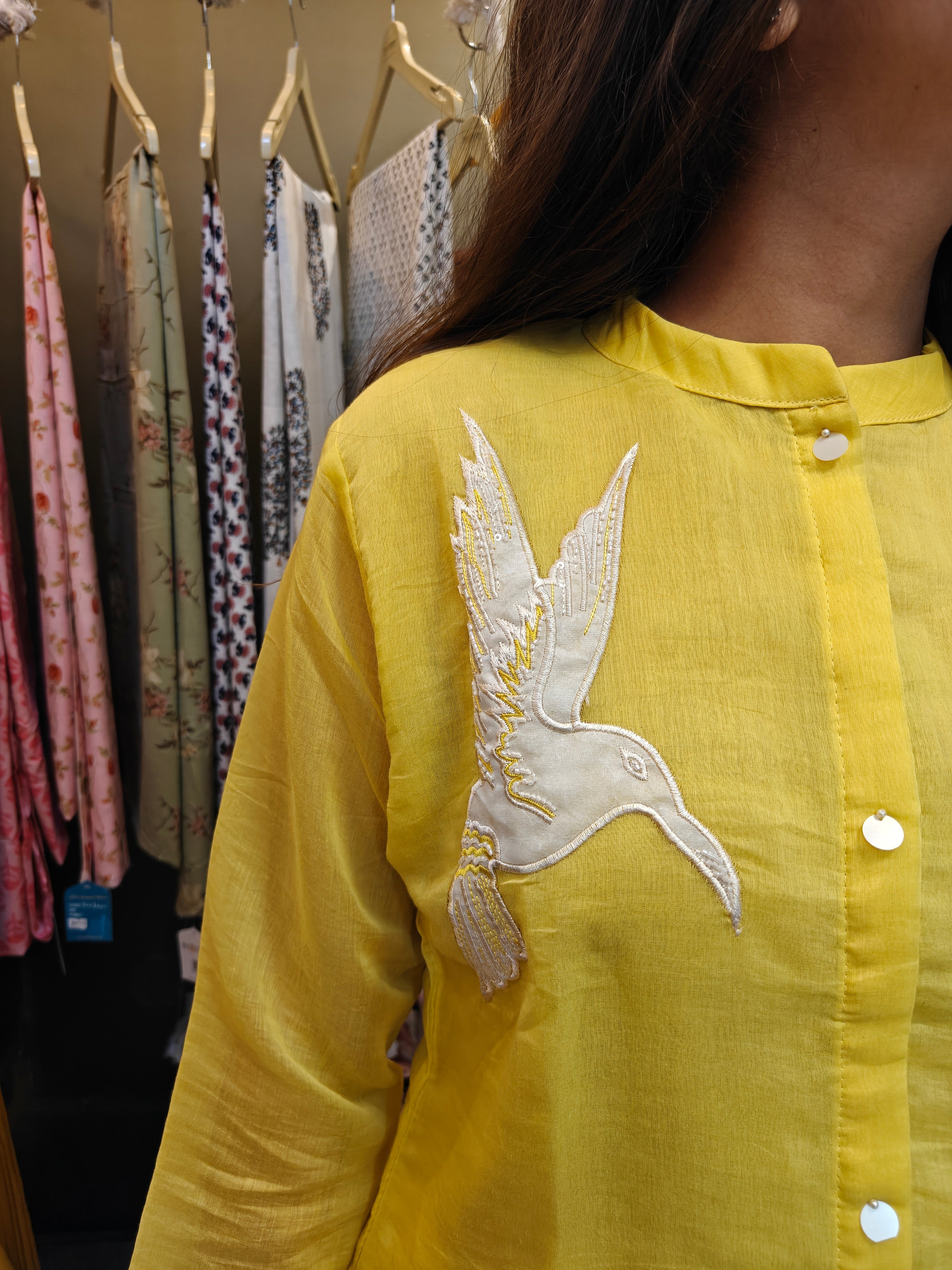 Sunshine Yellow Mul Chanderi Asymmetrical Patchwork Co-Ord Set