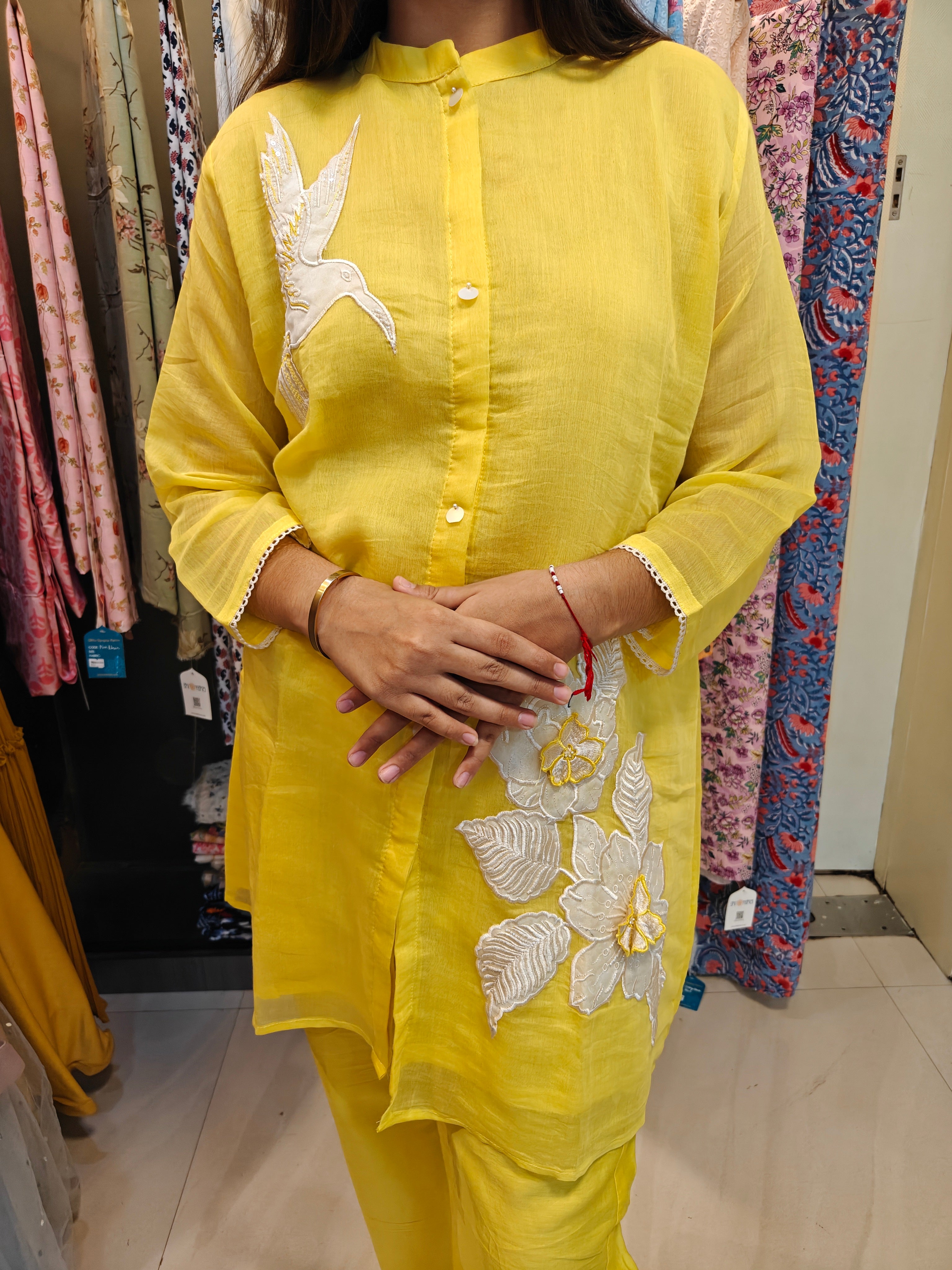 Sunshine Yellow Mul Chanderi Asymmetrical Patchwork Co-Ord Set