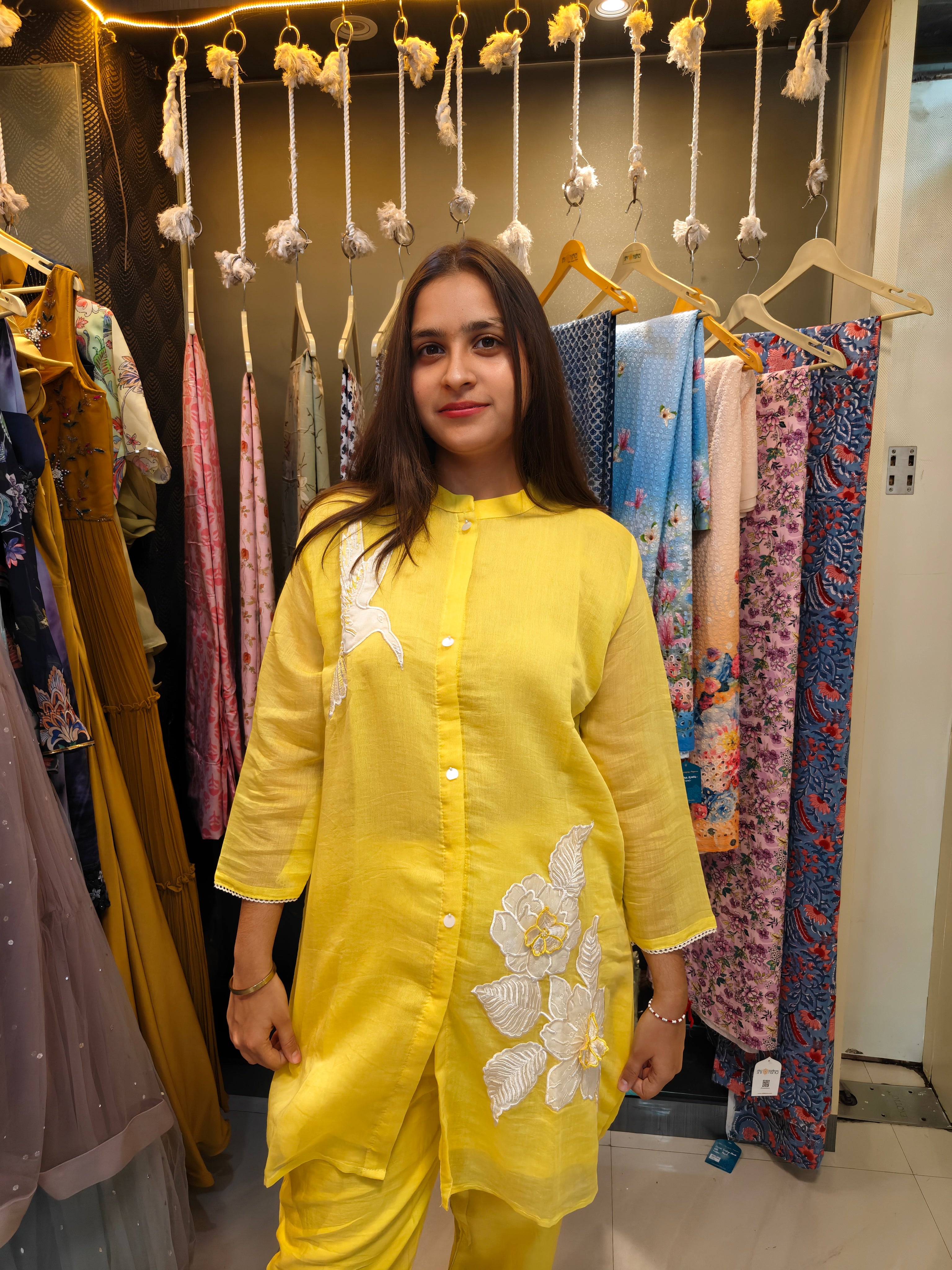 Sunshine Yellow Mul Chanderi Asymmetrical Patchwork Co-Ord Set