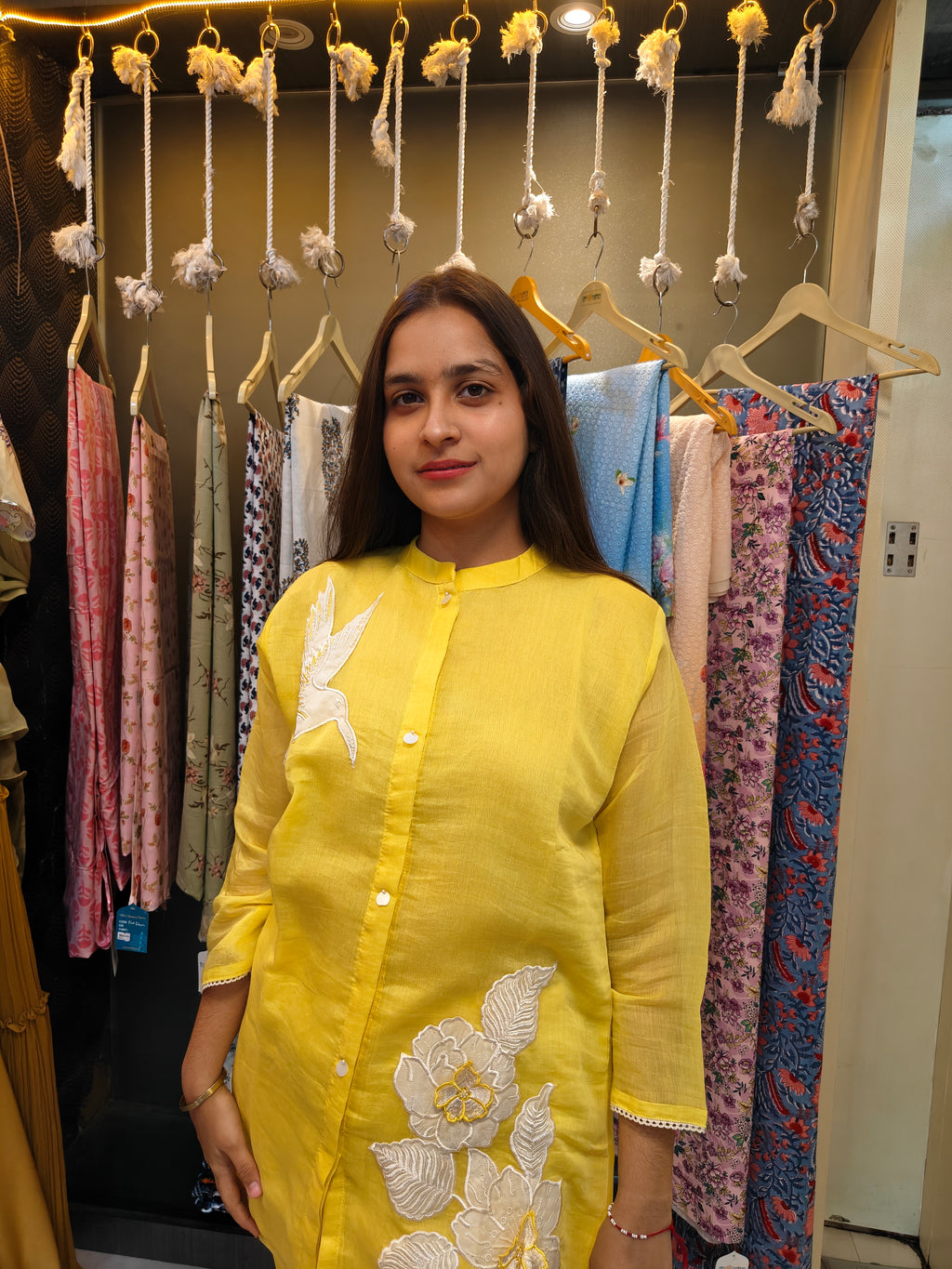 Sunshine Yellow Mul Chanderi Asymmetrical Patchwork Co-Ord Set