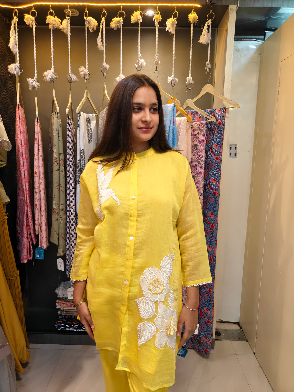 Sunshine Yellow Mul Chanderi Asymmetrical Patchwork Co-Ord Set