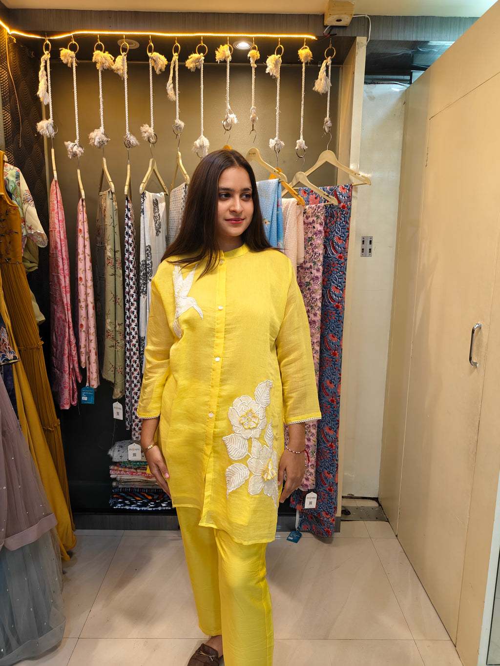 Sunshine Yellow Mul Chanderi Asymmetrical Patchwork Co-Ord Set