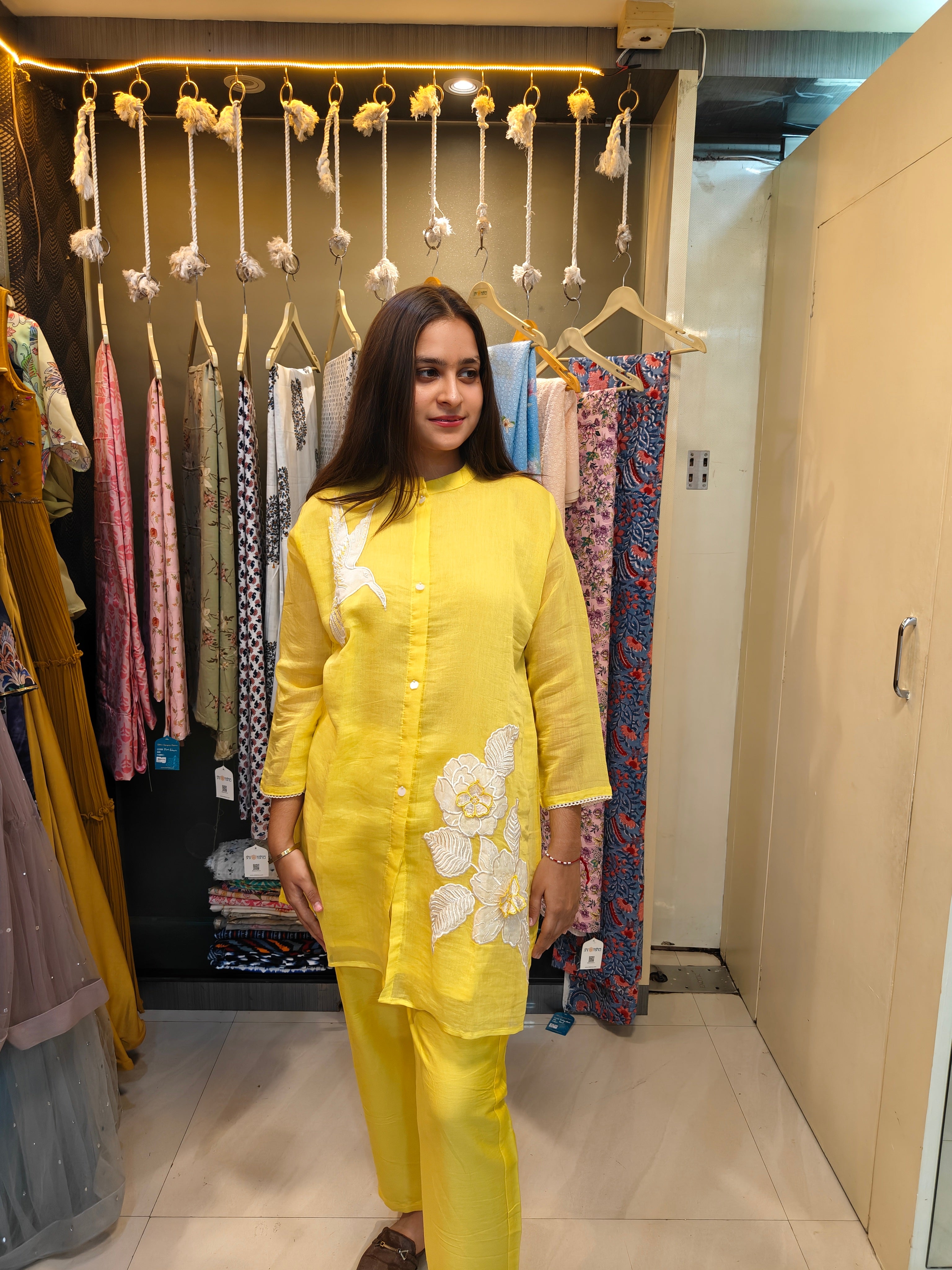 Sunshine Yellow Mul Chanderi Asymmetrical Patchwork Co-Ord Set