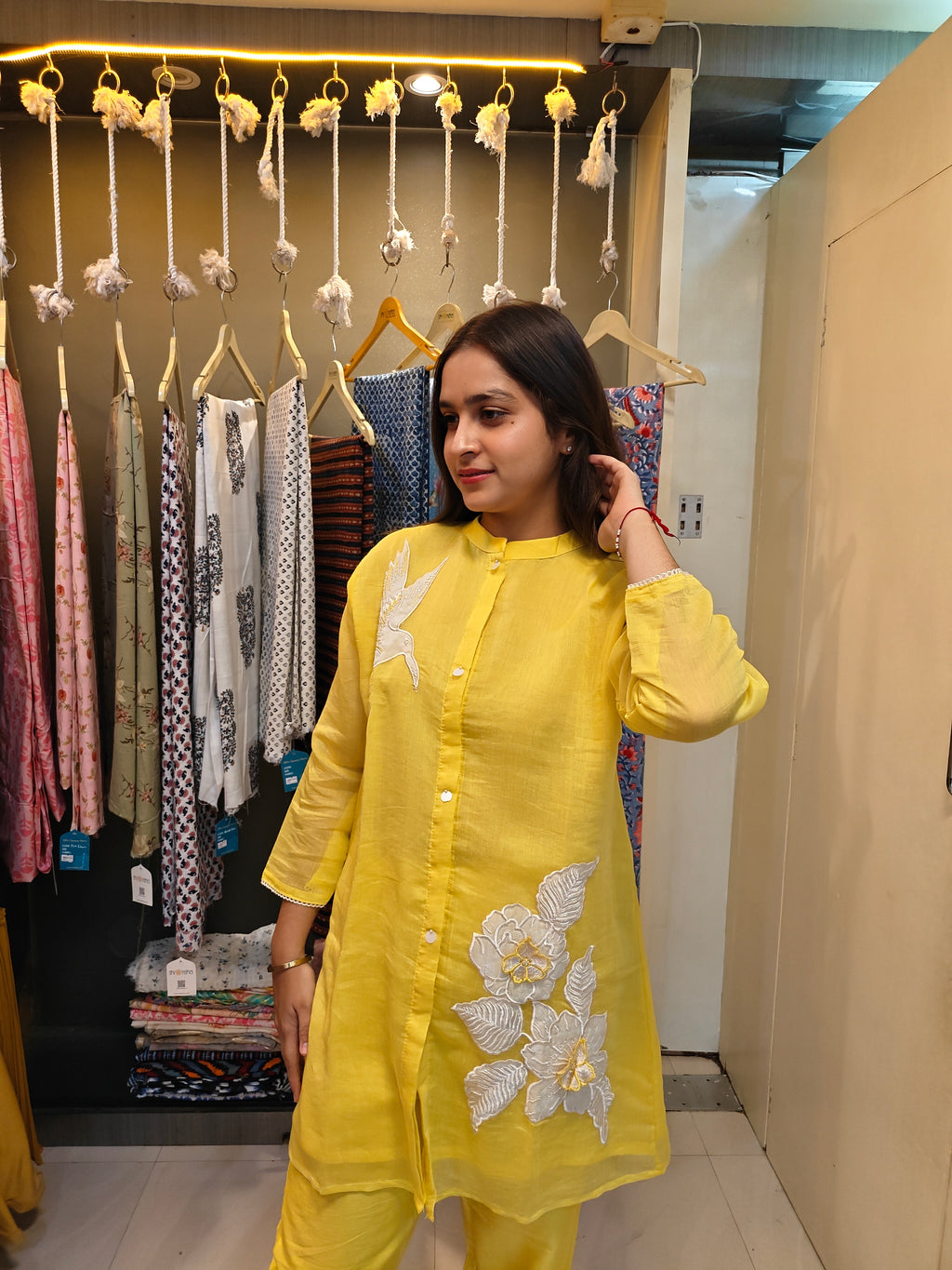 Sunshine Yellow Mul Chanderi Asymmetrical Patchwork Co-Ord Set