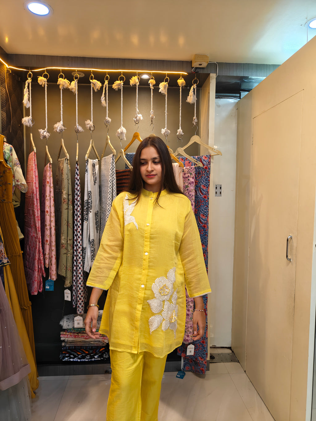 Sunshine Yellow Mul Chanderi Asymmetrical Patchwork Co-Ord Set