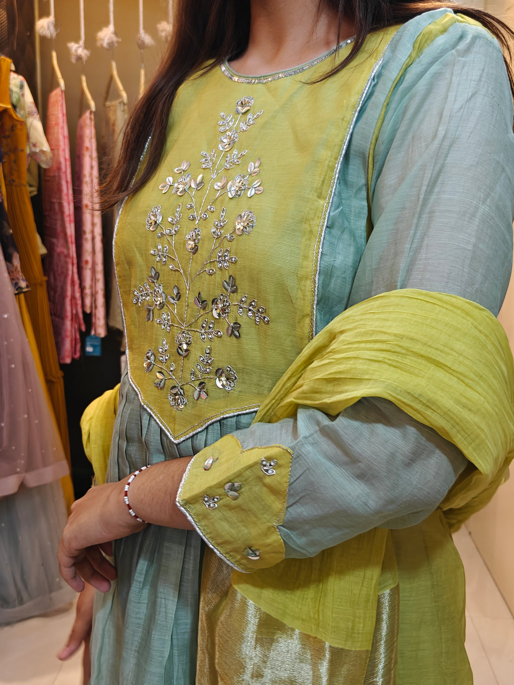 Sage & Lime Dual-Tone Mul Chanderi Handwork Suit Set