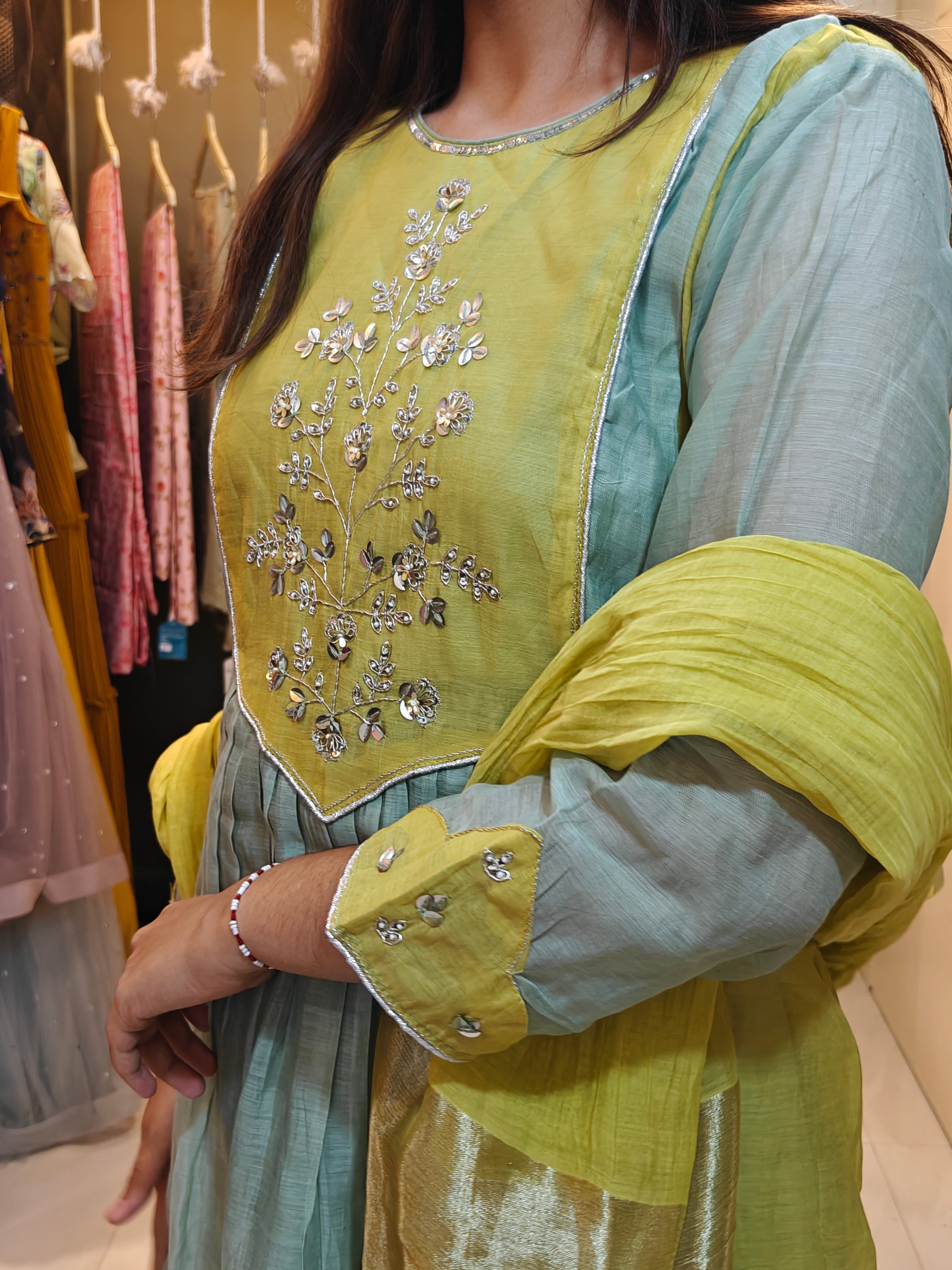Sage & Lime Dual-Tone Mul Chanderi Handwork Suit Set