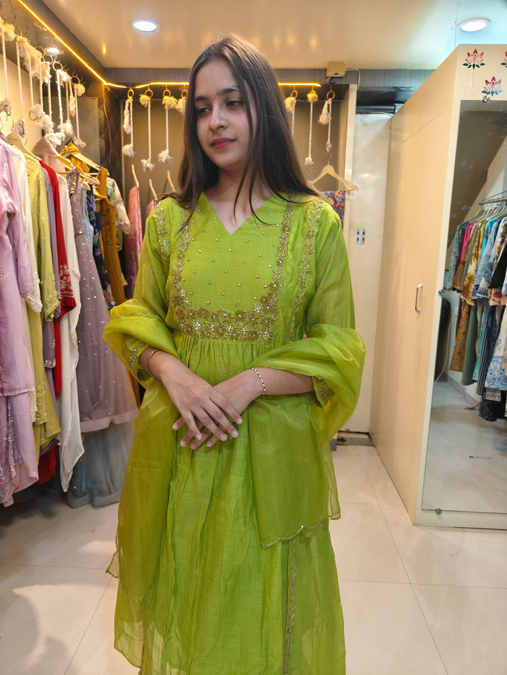 Lime Green Mul Chanderi Handwork Suit Set with Organza Dupatta