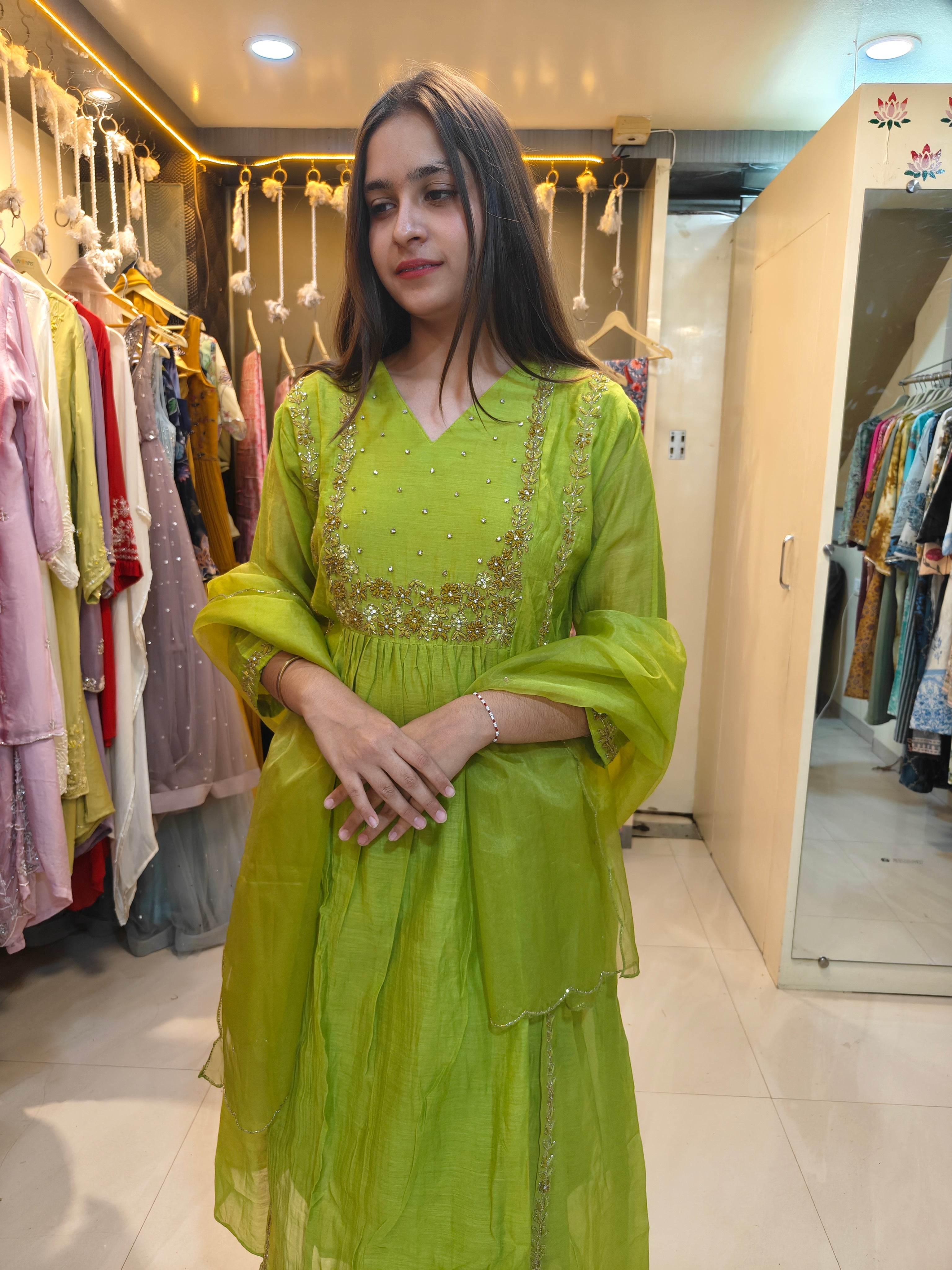 Lime Green Mul Chanderi Handwork Suit Set with Organza Dupatta