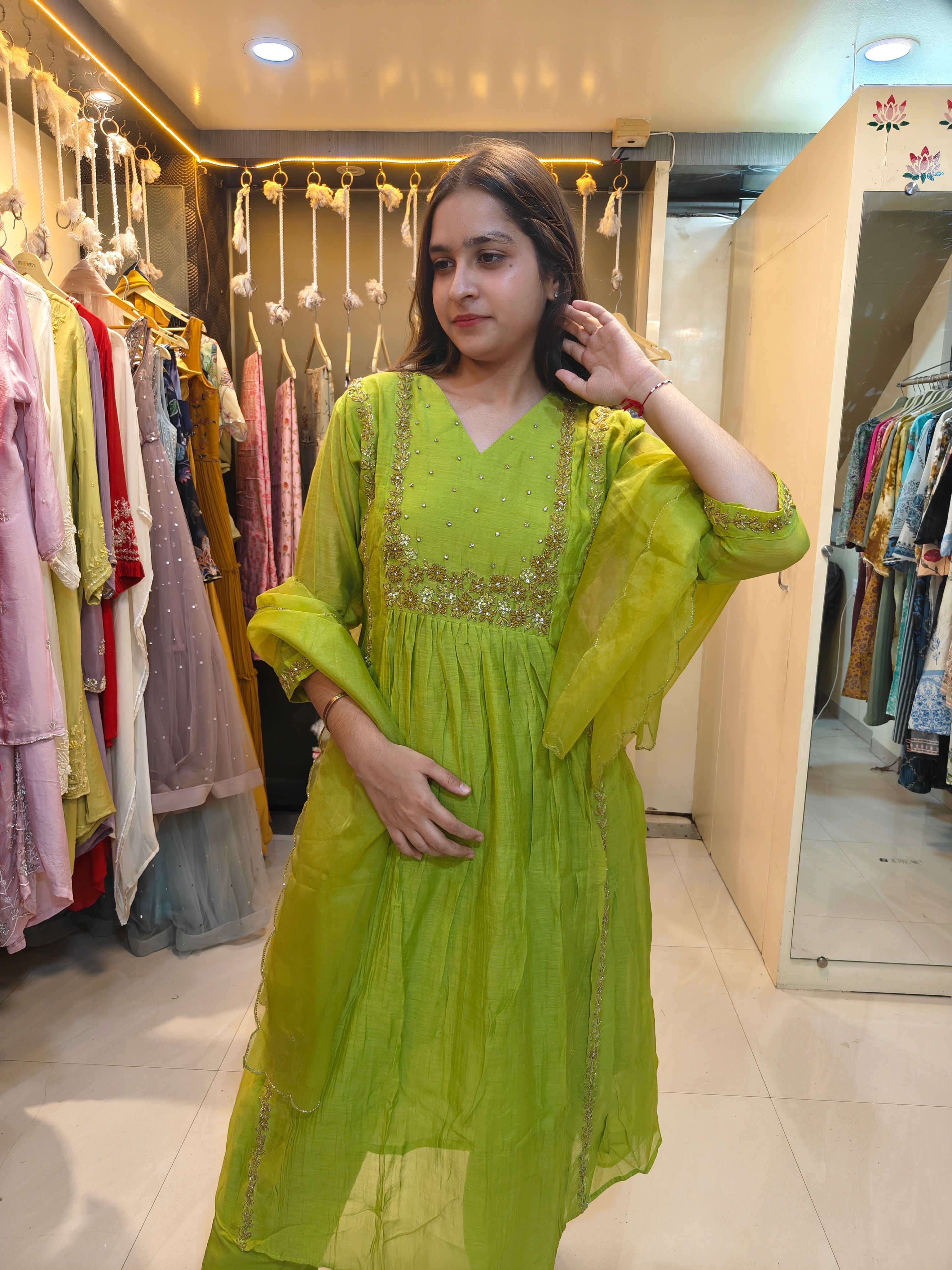 Lime Green Mul Chanderi Handwork Suit Set with Organza Dupatta