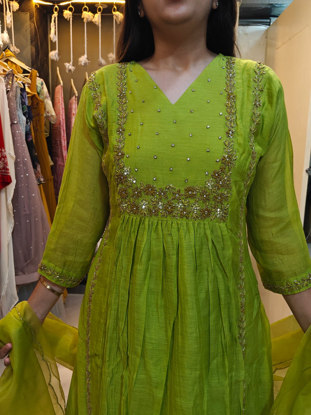 Lime Green Mul Chanderi Handwork Suit Set with Organza Dupatta
