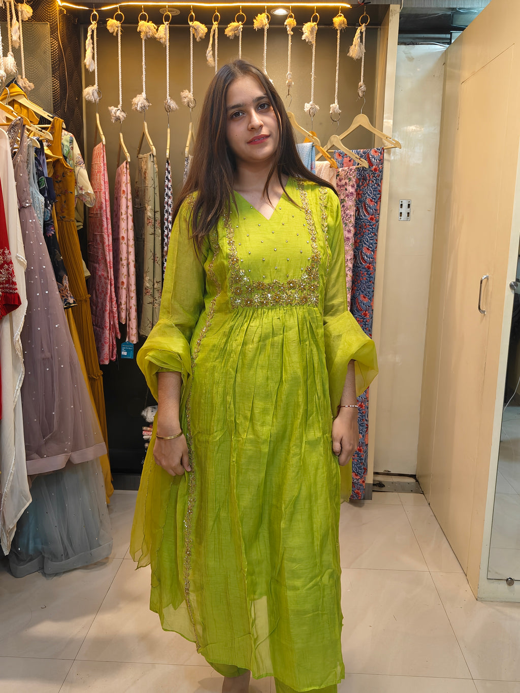 Lime Green Mul Chanderi Handwork Suit Set with Organza Dupatta