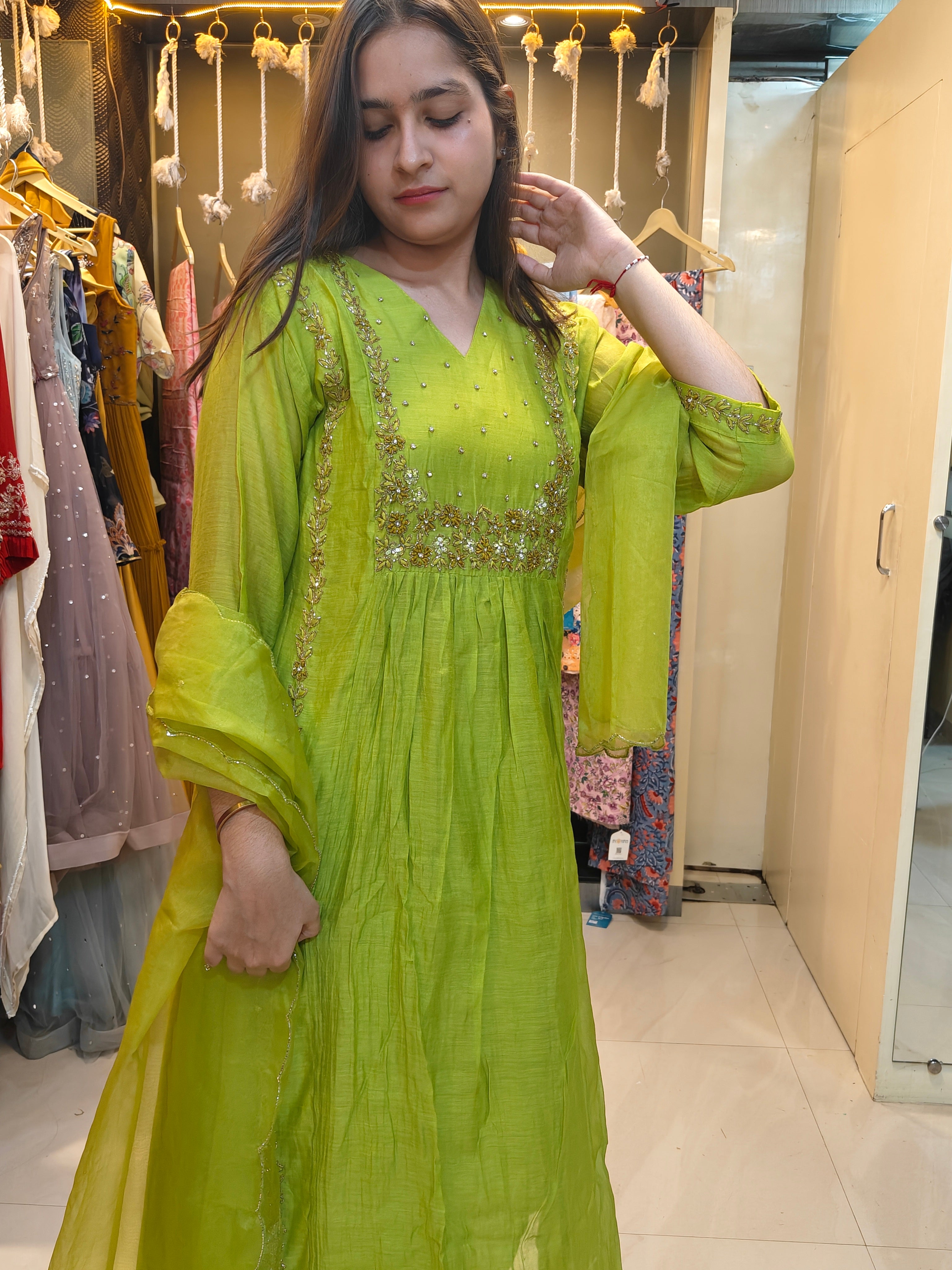 Lime Green Mul Chanderi Handwork Suit Set with Organza Dupatta