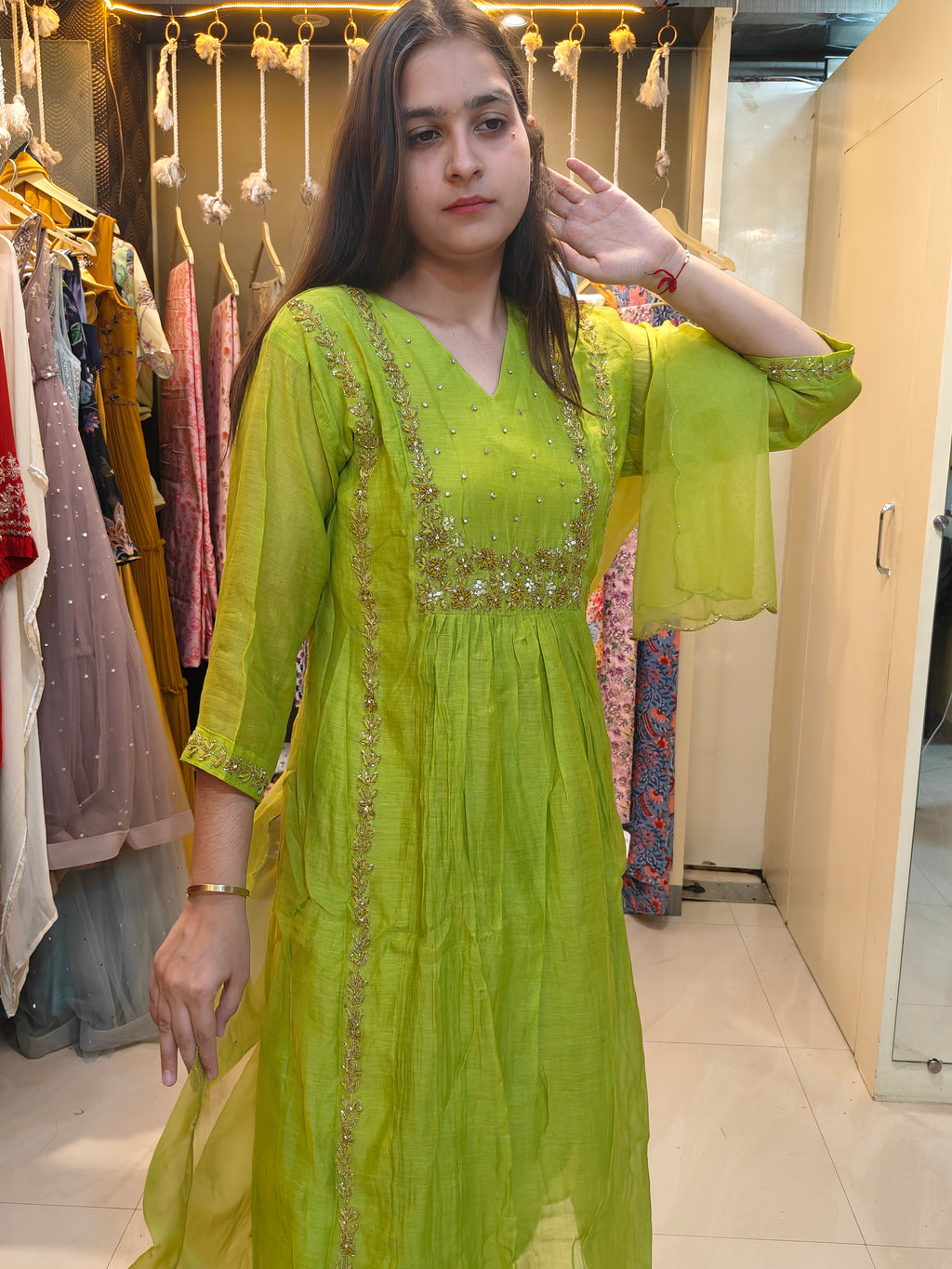Lime Green Mul Chanderi Handwork Suit Set with Organza Dupatta