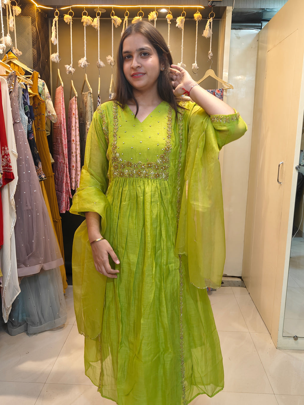 Lime Green Mul Chanderi Handwork Suit Set with Organza Dupatta