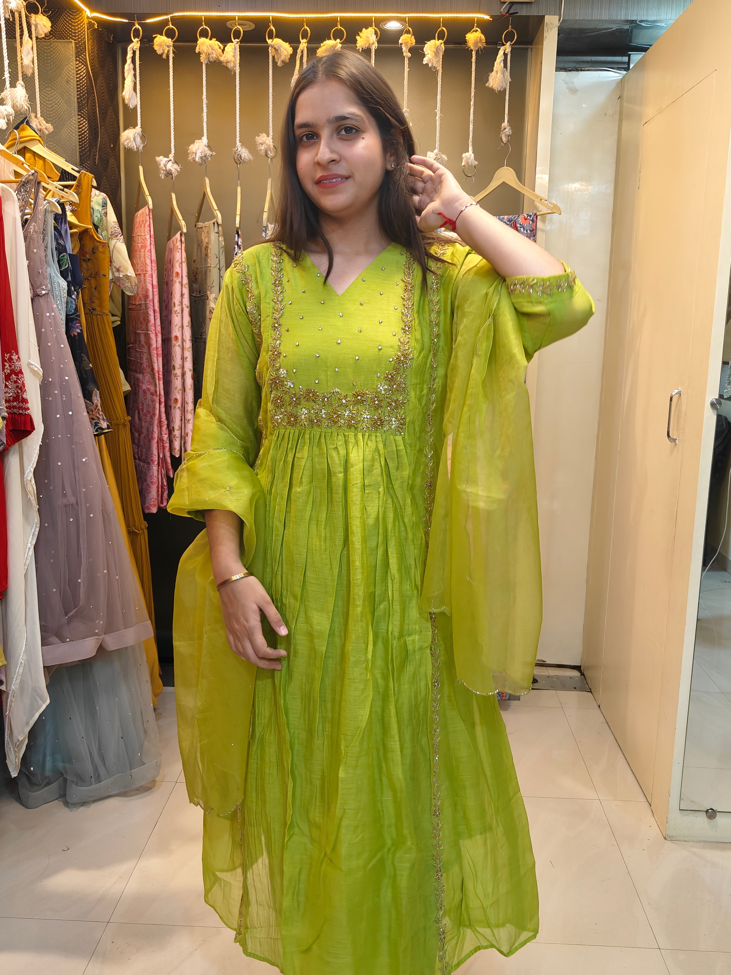 Lime Green Mul Chanderi Handwork Suit Set with Organza Dupatta
