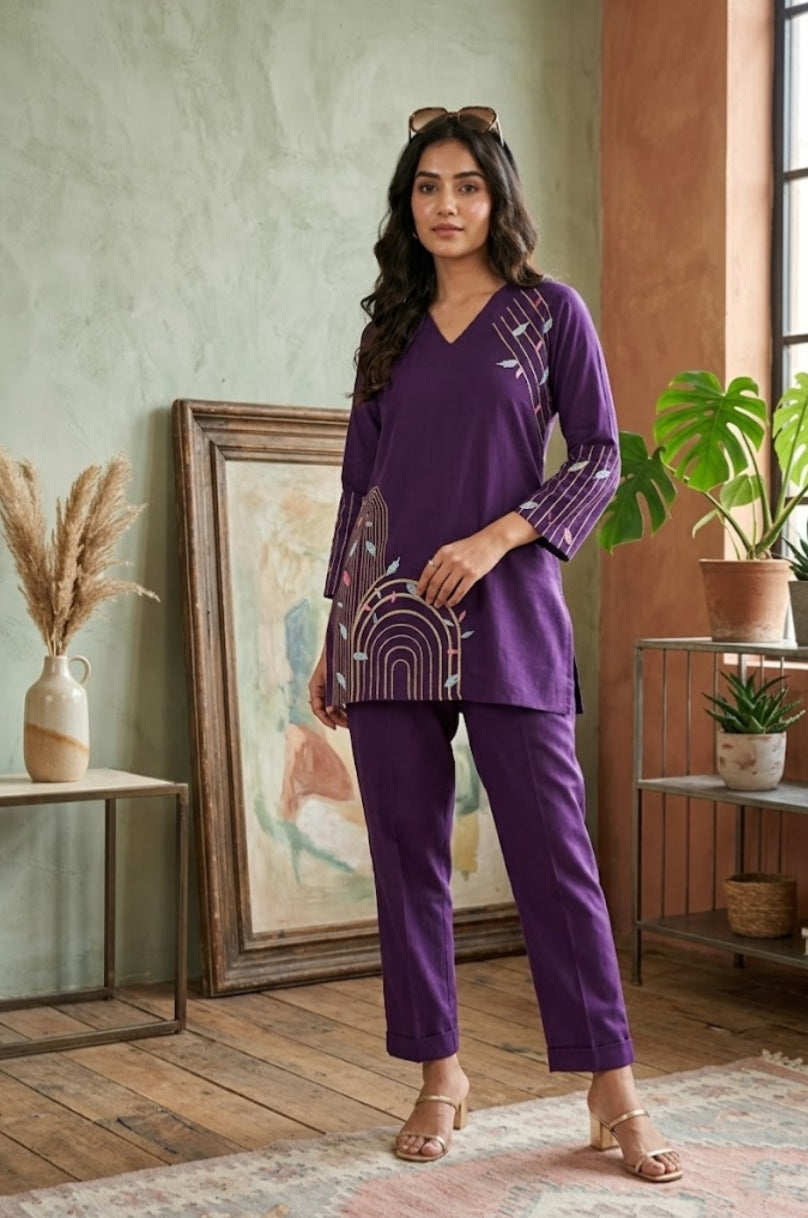 Terracotta Rust Embroidered Cotton Co-ord Set