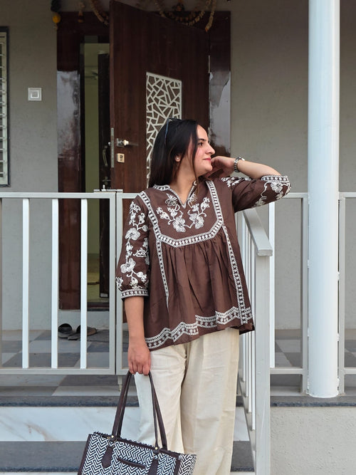 Coffee brown embroidered cotton cord set with off-white wide-leg trousers by Shirisha