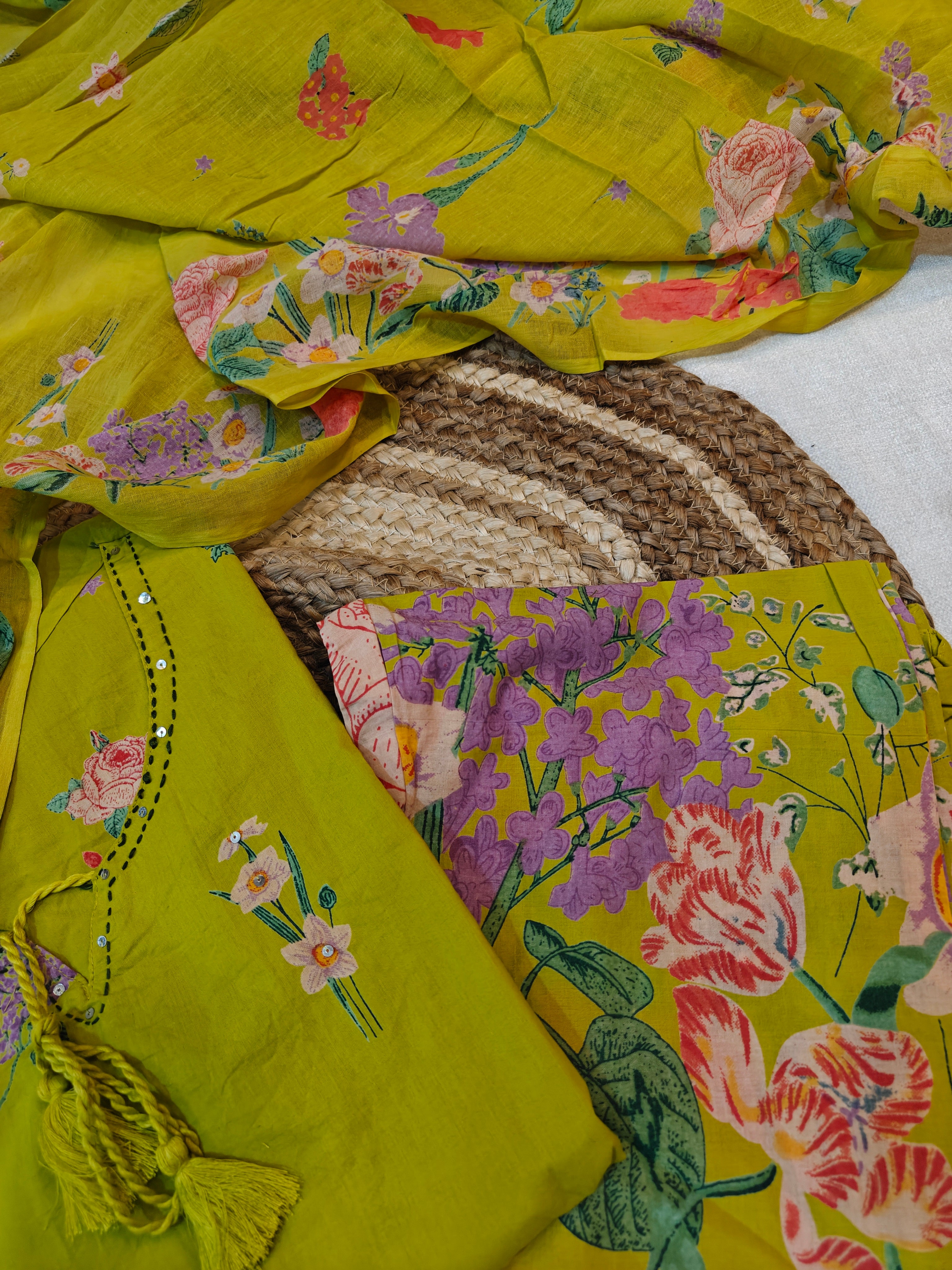 Radiate Refreshing Charm: Lime Green Floral Cotton 3-Piece Suit Set
