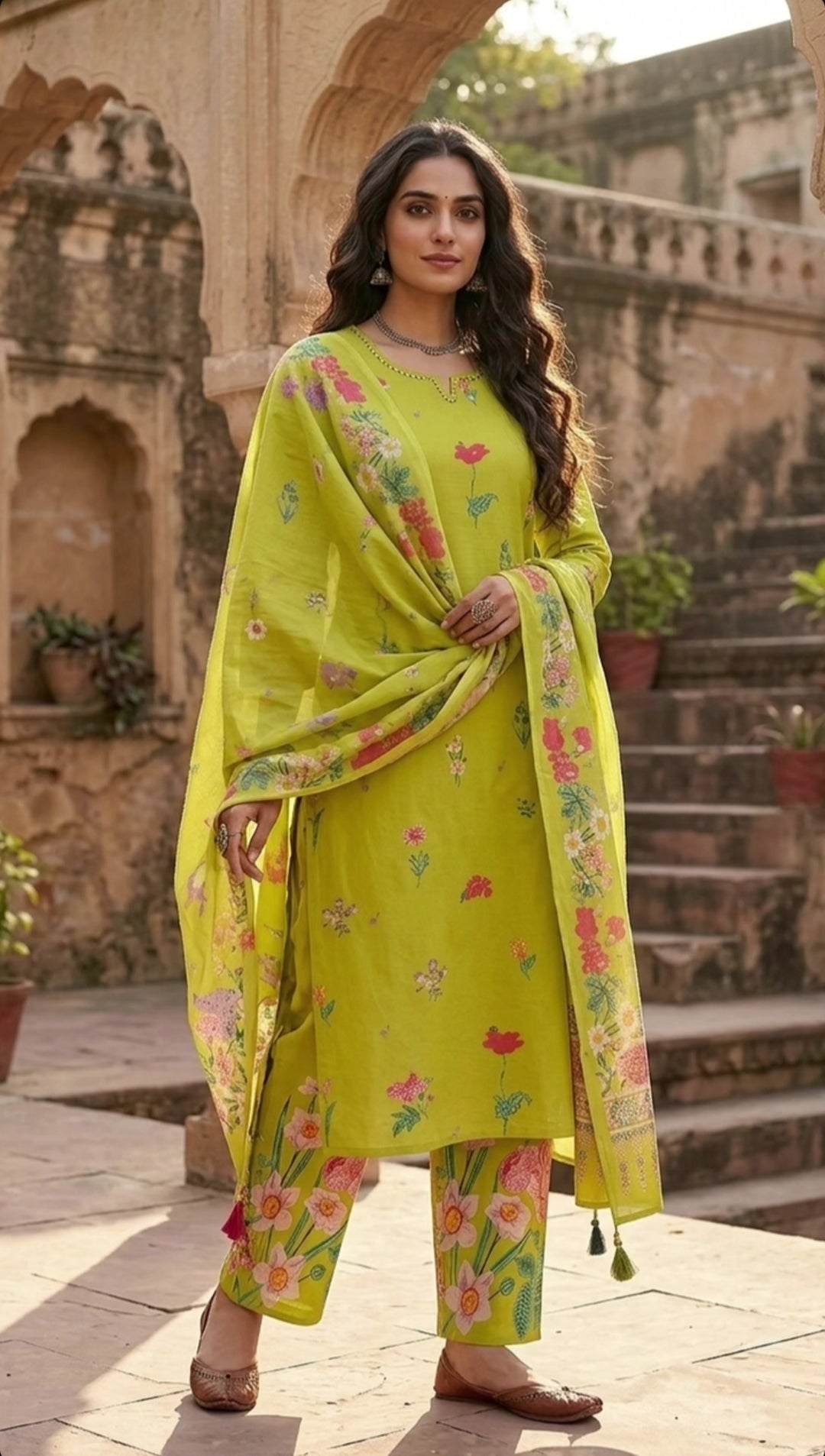 Radiate Refreshing Charm: Lime Green Floral Cotton 3-Piece Suit Set