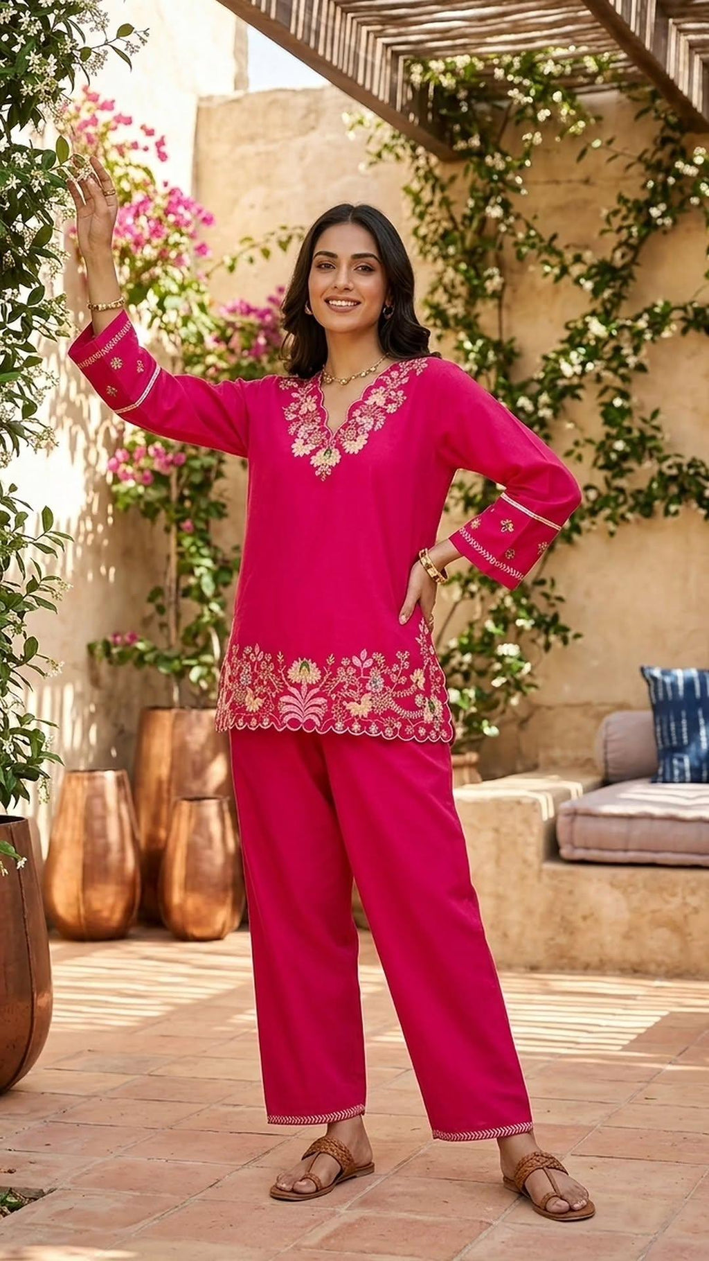 Rani Pink Embroidered Cotton Co-ord Set with Scallop Hem