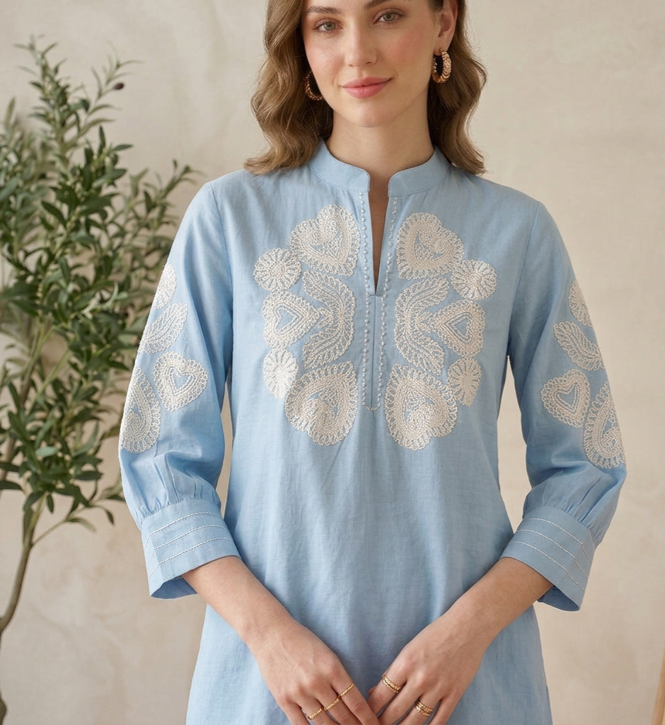 Powder Blue Embroidered Cotton Co-ord Set