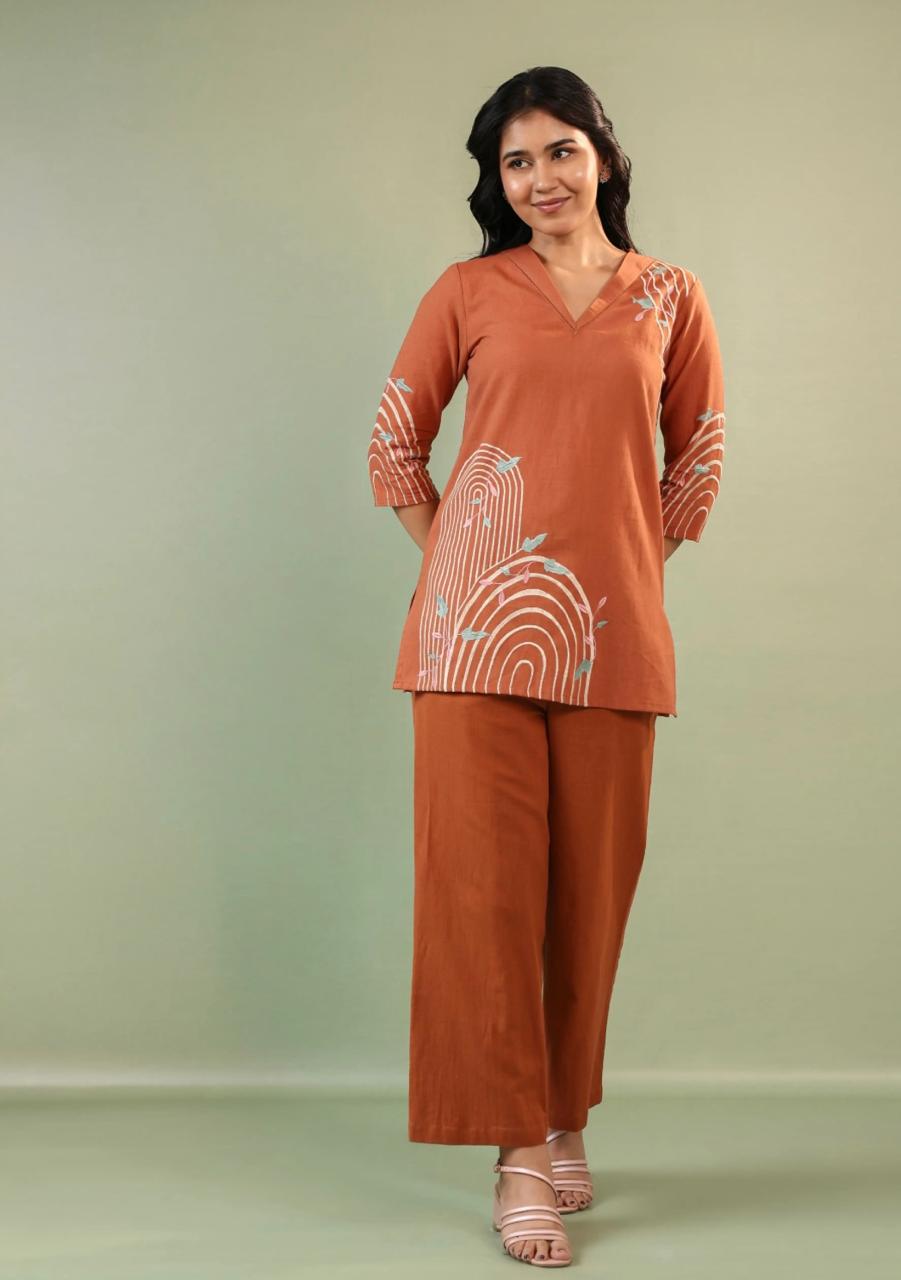 Terracotta Rust Embroidered Cotton Co-ord Set