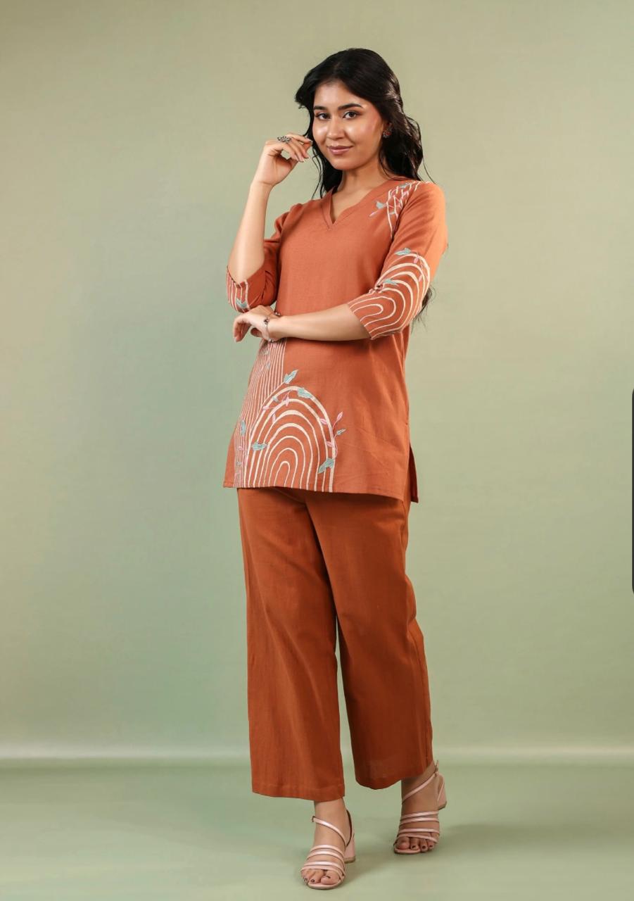 Terracotta Rust Embroidered Cotton Co-ord Set