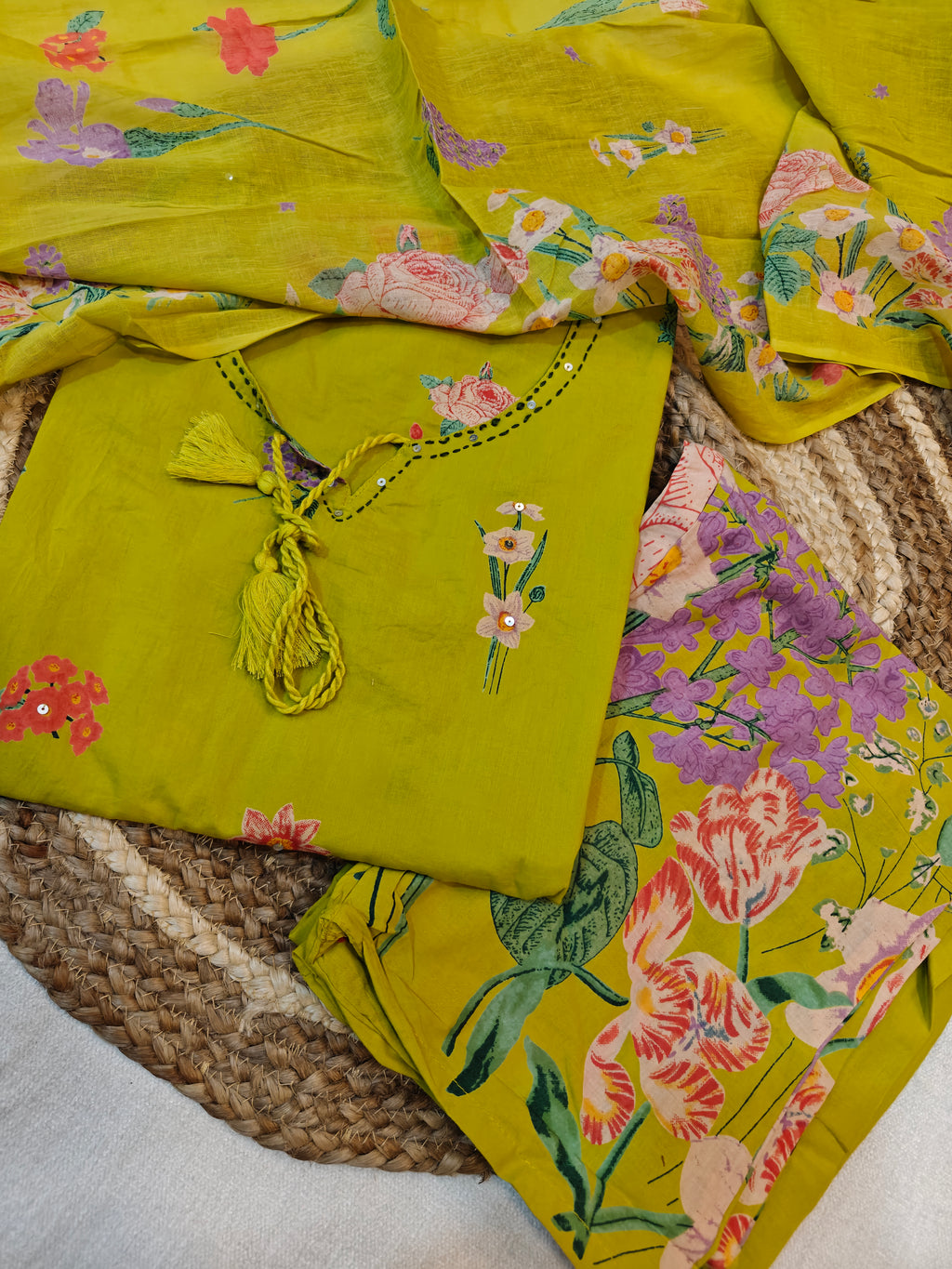 Radiate Refreshing Charm: Lime Green Floral Cotton 3-Piece Suit Set