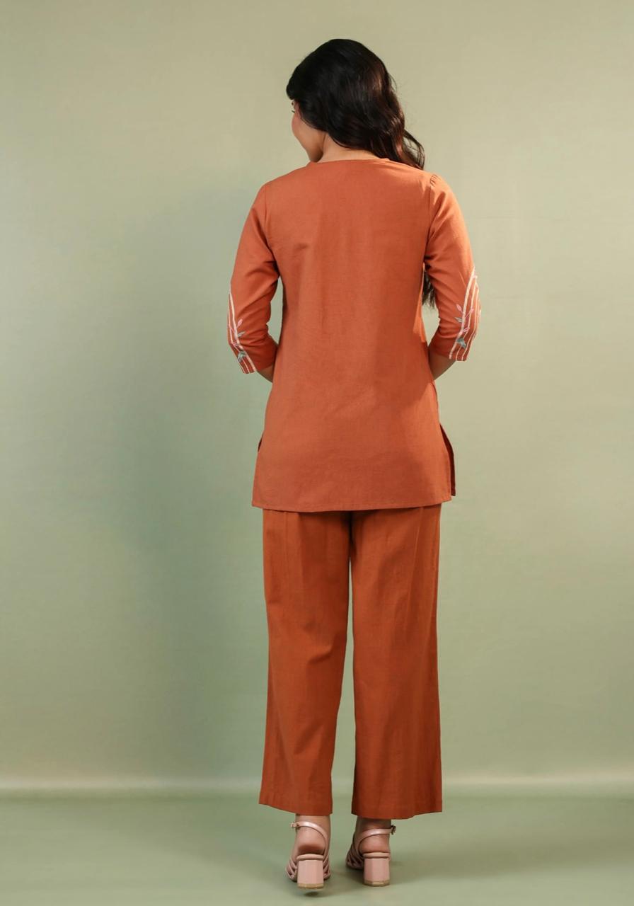 Terracotta Rust Embroidered Cotton Co-ord Set