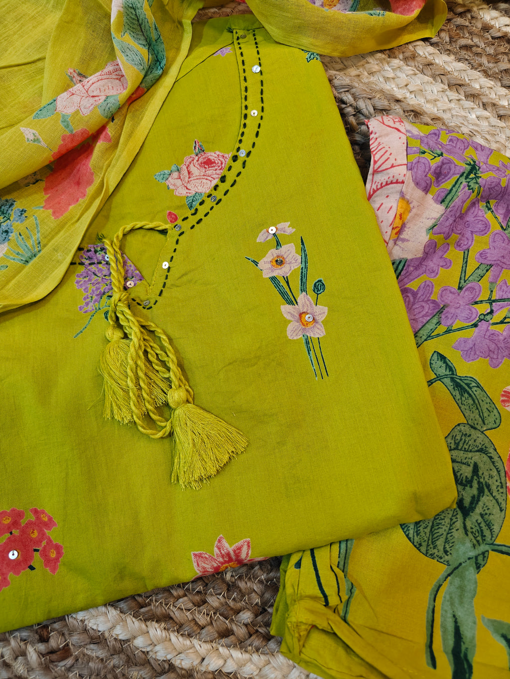 Radiate Refreshing Charm: Lime Green Floral Cotton 3-Piece Suit Set