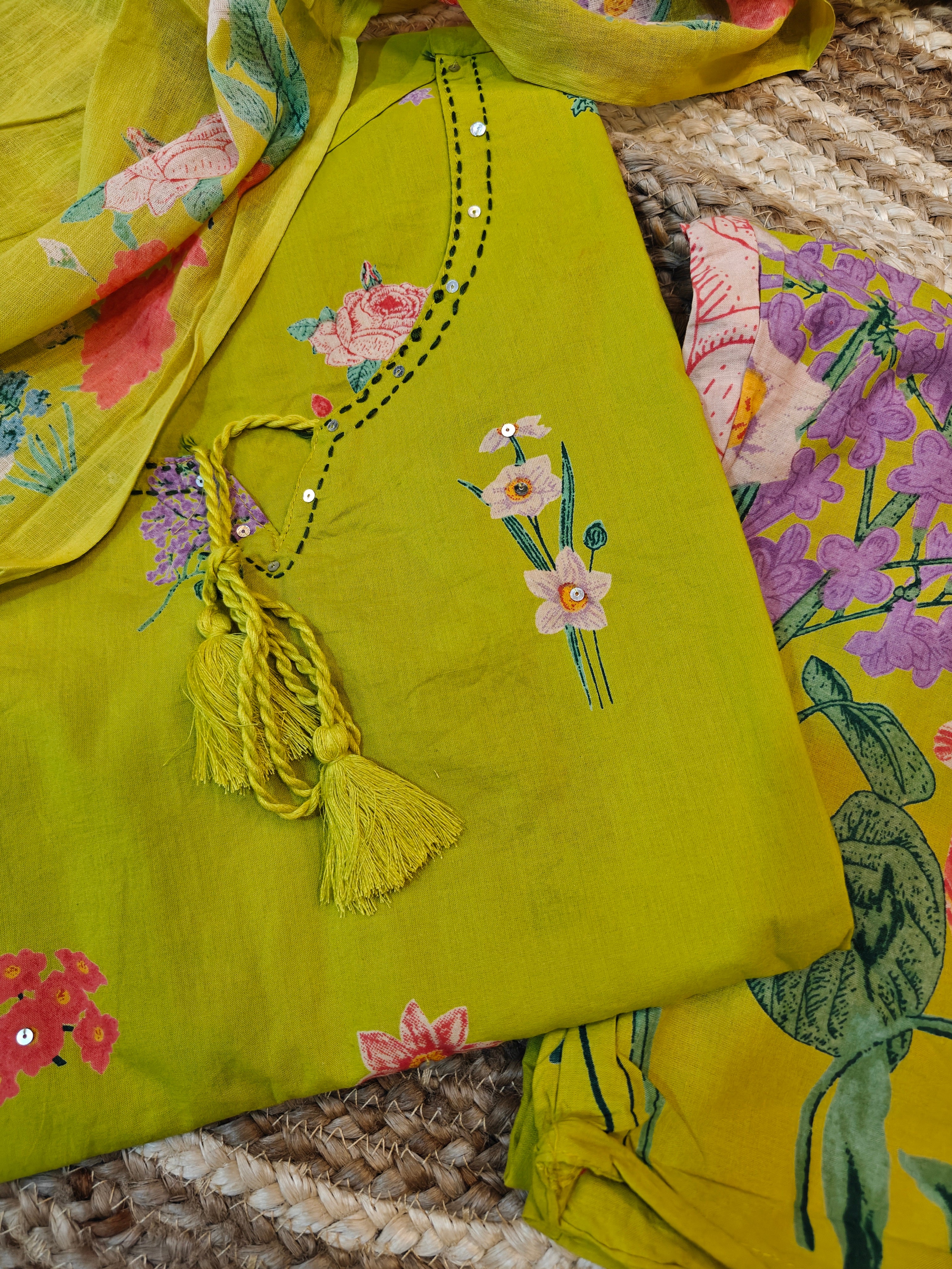 Radiate Refreshing Charm: Lime Green Floral Cotton 3-Piece Suit Set