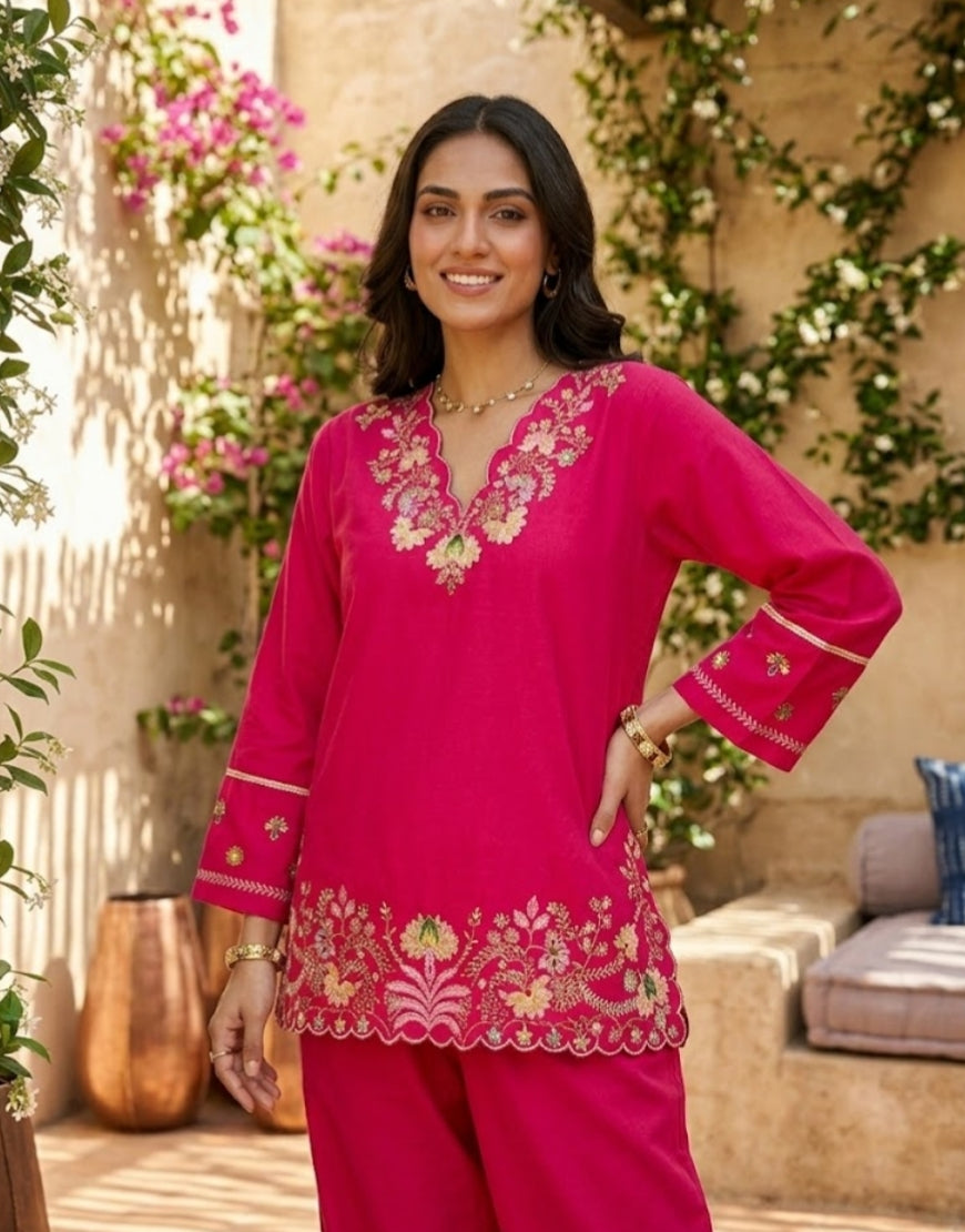 Rani Pink Embroidered Cotton Co-ord Set with Scallop Hem