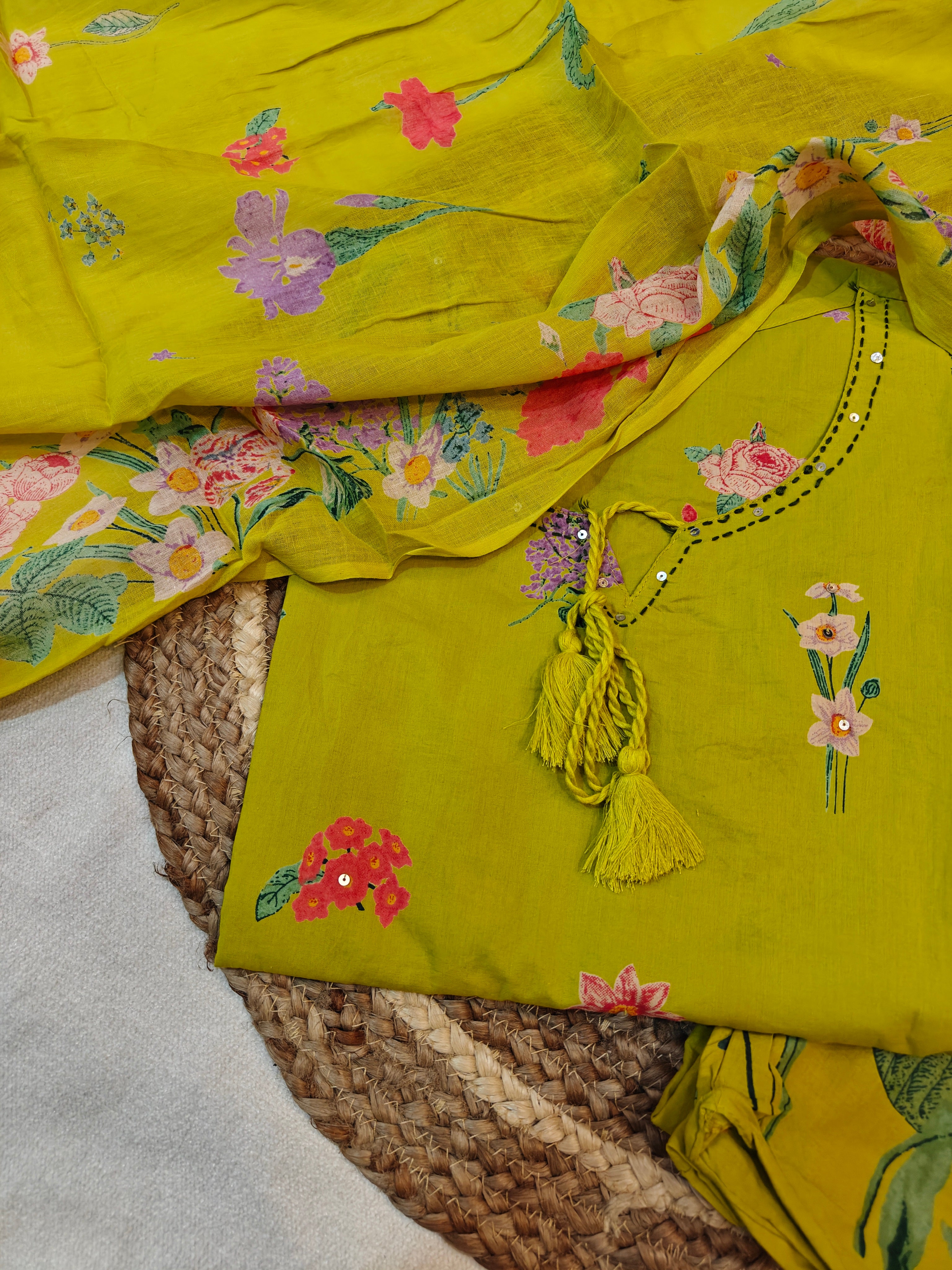 Radiate Refreshing Charm: Lime Green Floral Cotton 3-Piece Suit Set