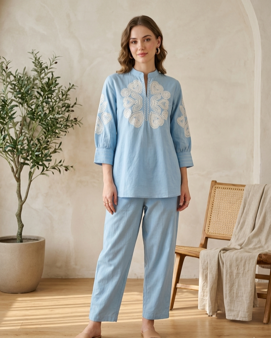 Powder Blue Embroidered Cotton Co-ord Set