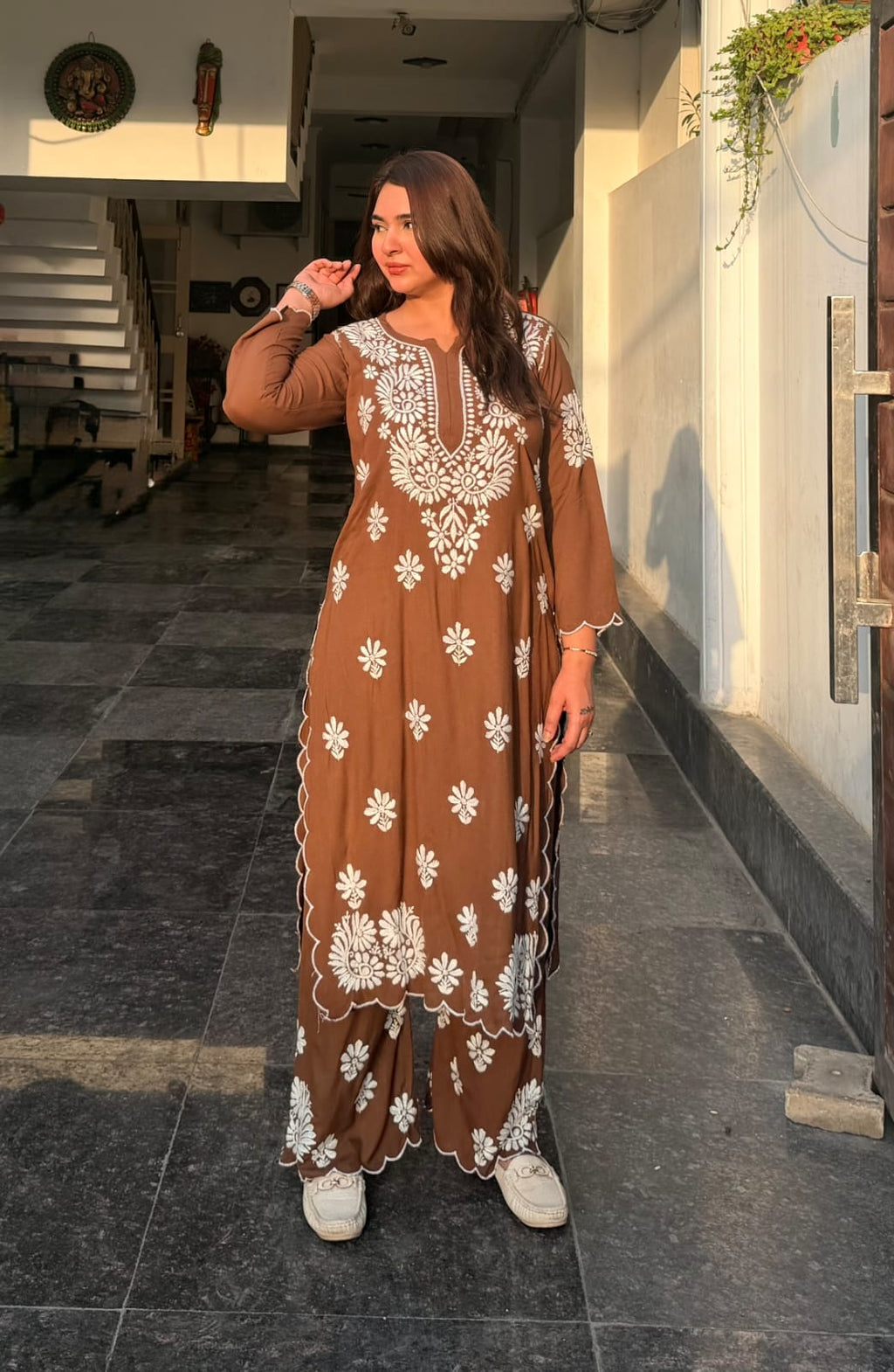 Earthy Elegance: 2-Piece Rayon Chikankari Co-Ord Set – Earthy  Brown