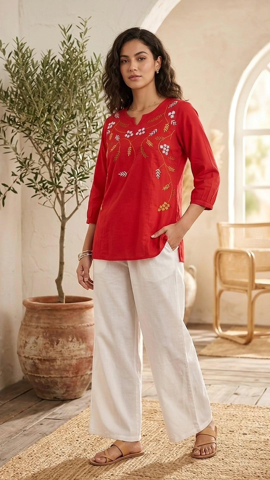 Crimson & Cream Floral Embroidered Cotton Co-ord Set