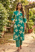 Garden Bloom: Teal Floral Cotton 2-Piece Set