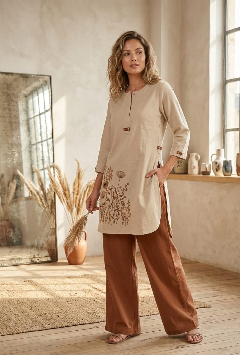 Wild Meadow: Cotton flex Tunic & Brown Pant Set