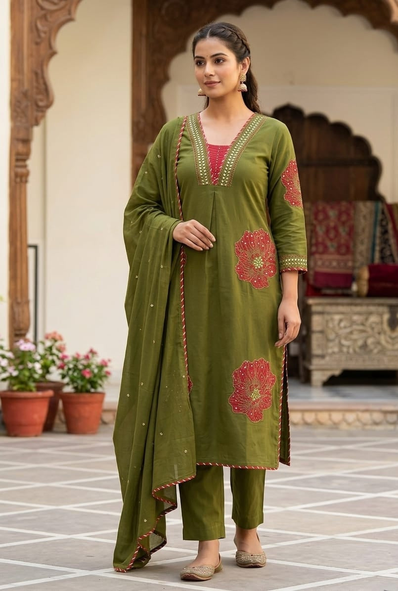 Olive Green Cotton 3-Piece Set