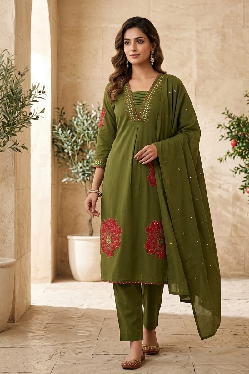 Olive Green Cotton 3-Piece Set