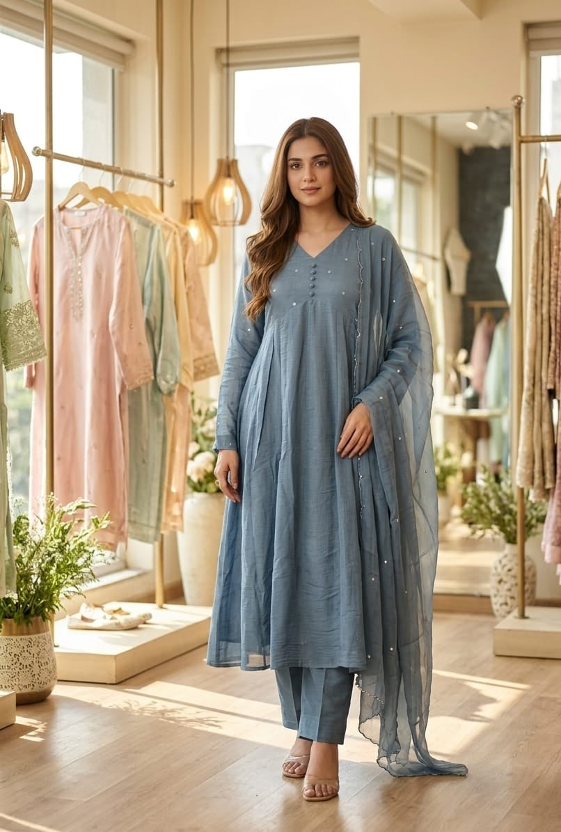 Sky Whisper 3-Piece  Mul Chanderi Anarkali