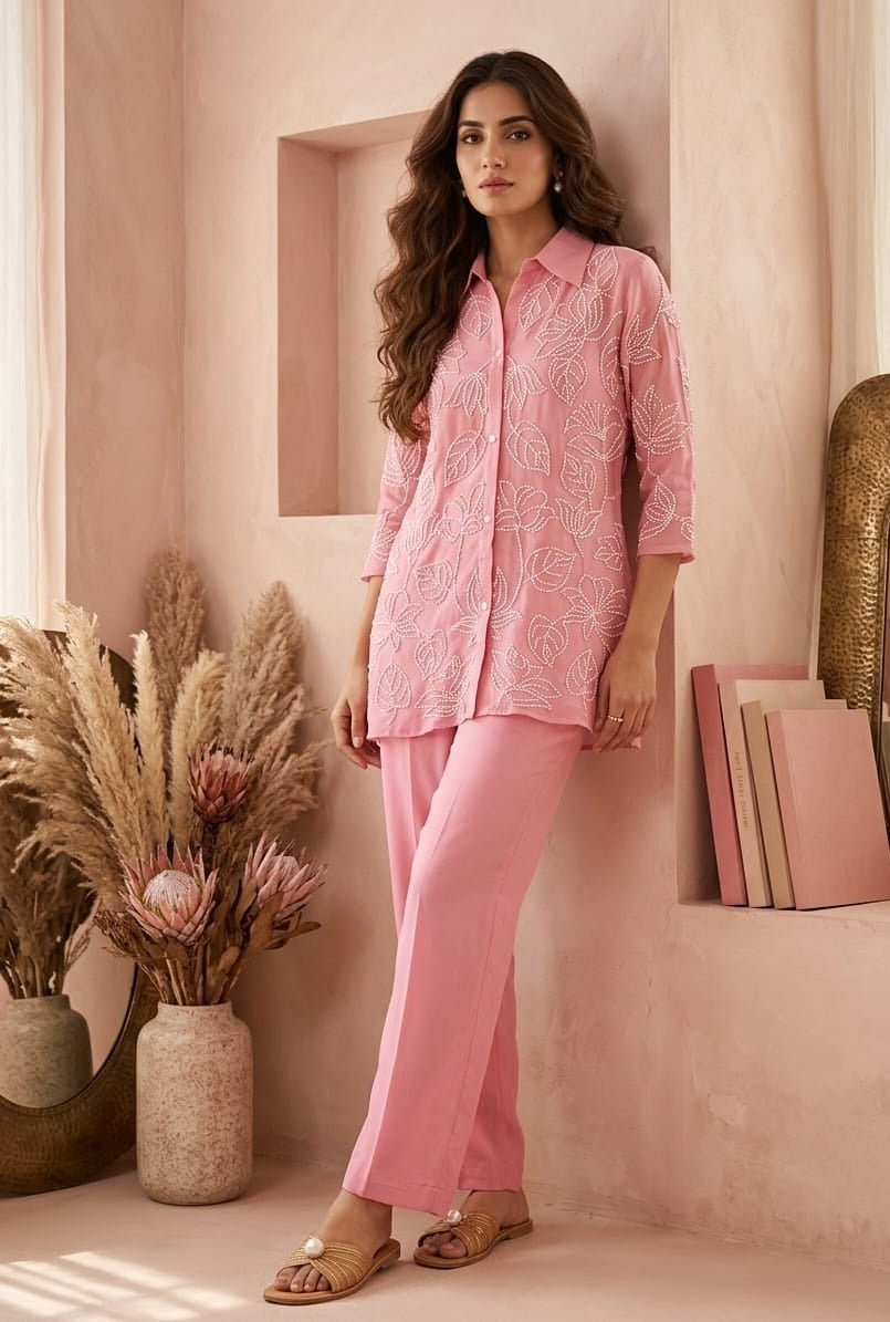 Blush Petal: Hand-Embroidered Cotton Co-ord Set