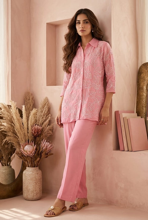 Blush Petal: Hand-Embroidered Cotton Co-ord Set