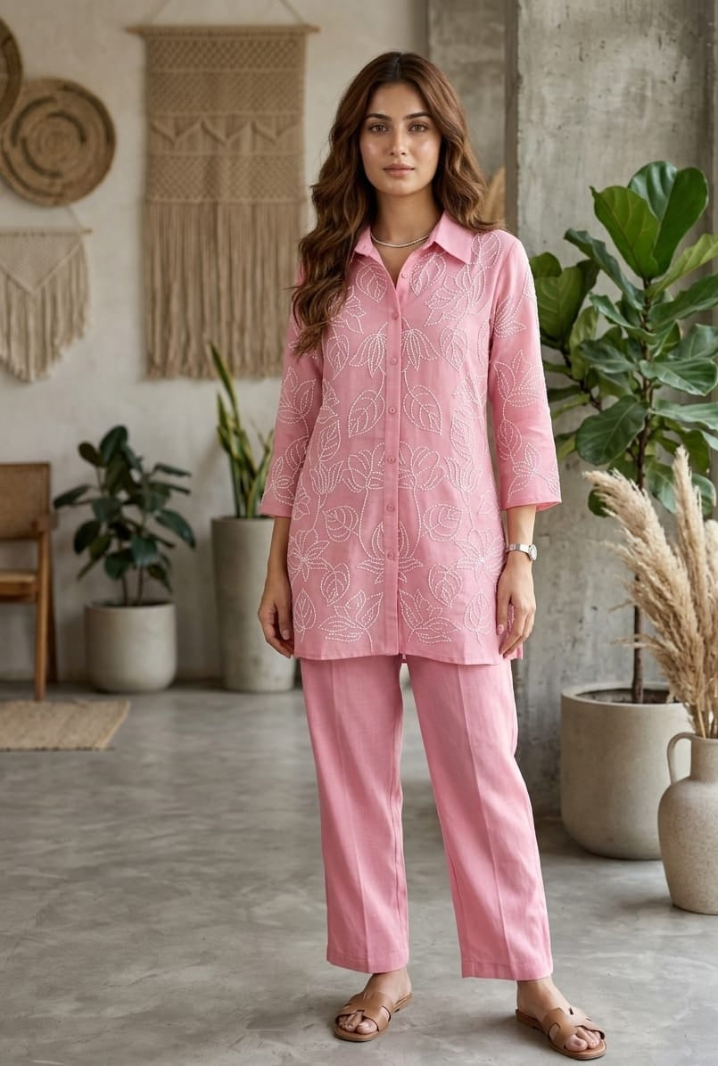 Blush Petal: Hand-Embroidered Cotton Co-ord Set