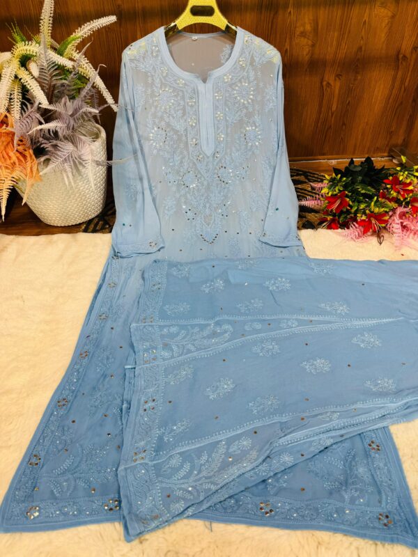 Lucknowi Chikankari Premium Viscose Chikankari Mukaish Kurti And Kalidaar Sharara .