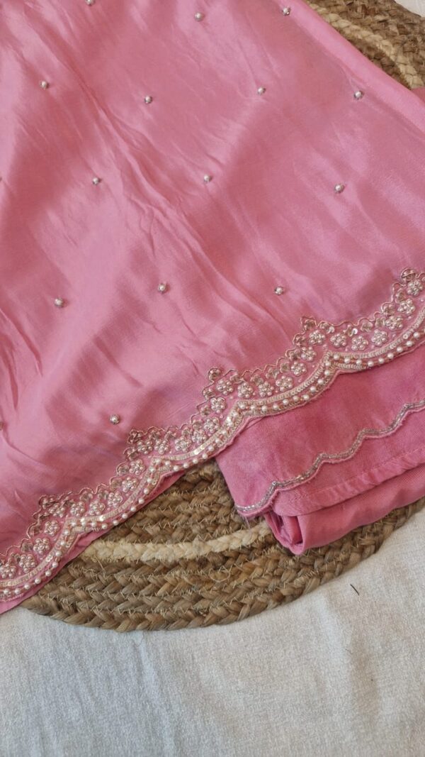 Baby Pink Chinnon Kurta Pant Duptta Set .