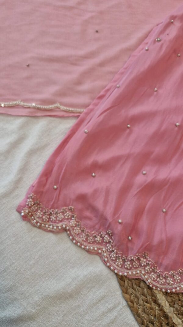 Baby Pink Chinnon Kurta Pant Duptta Set .