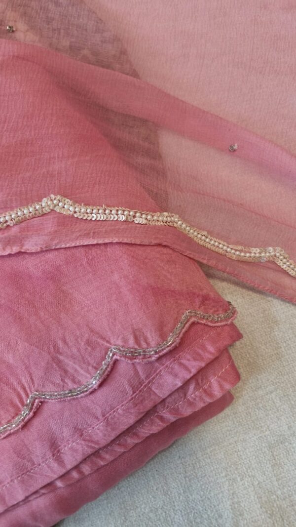 Baby Pink Chinnon Kurta Pant Duptta Set .