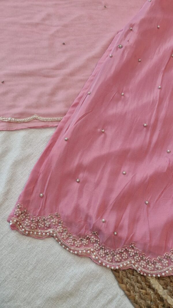 Baby Pink Chinnon Kurta Pant Duptta Set .